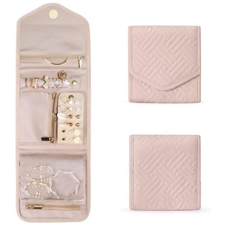 Travel Jewelry Organizer Case Foldable Jewelry Roll for Journey-Rings, Necklaces, Earrings, Bracelets,Mini,Soft Pink