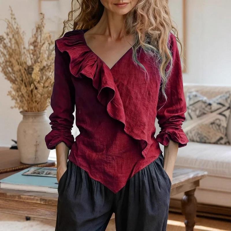 Women's Ruffle V-Neck Linen Blouse - Loose Long-Sleeve Casual Shirt