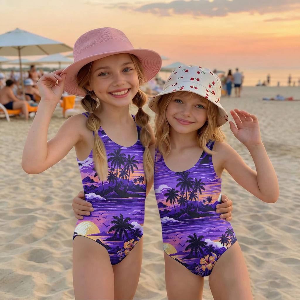 Girls One Piece Swimsuit Palm Tree Print Summer Beach Swimwear Lightweight Quick Dry Bathing Suit for Kids