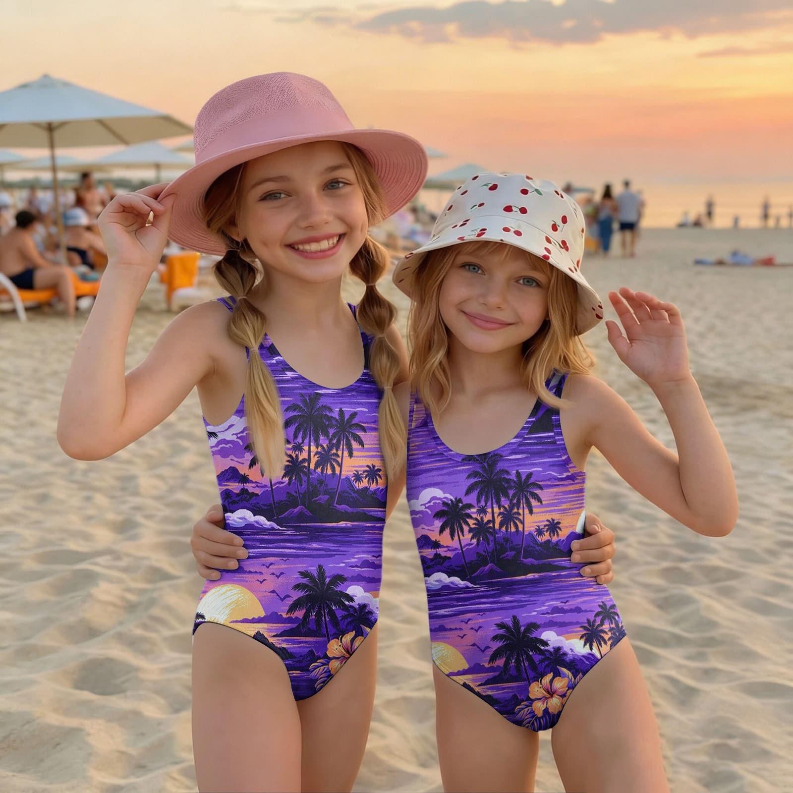 

Girls One Piece Swimsuit Palm Tree Print Summer Beach Swimwear Lightweight Quick Dry Bathing Suit for Kids 120 фиолетовый
