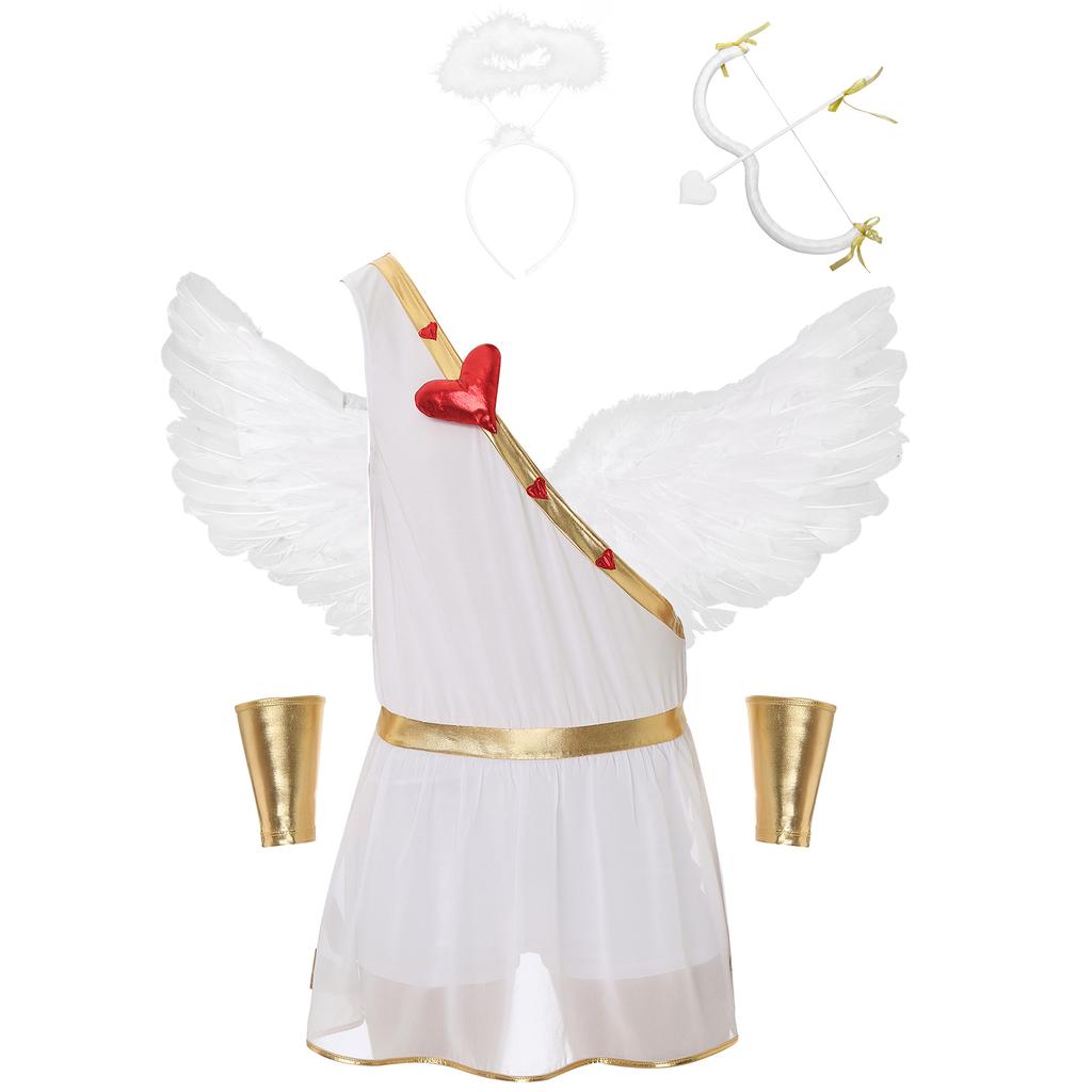 Mens Cupid Costume Set Romper Jumpsuit Detachable Sleeves Feather Angel Wings Headwear M Shaped Bow Heart Arrow