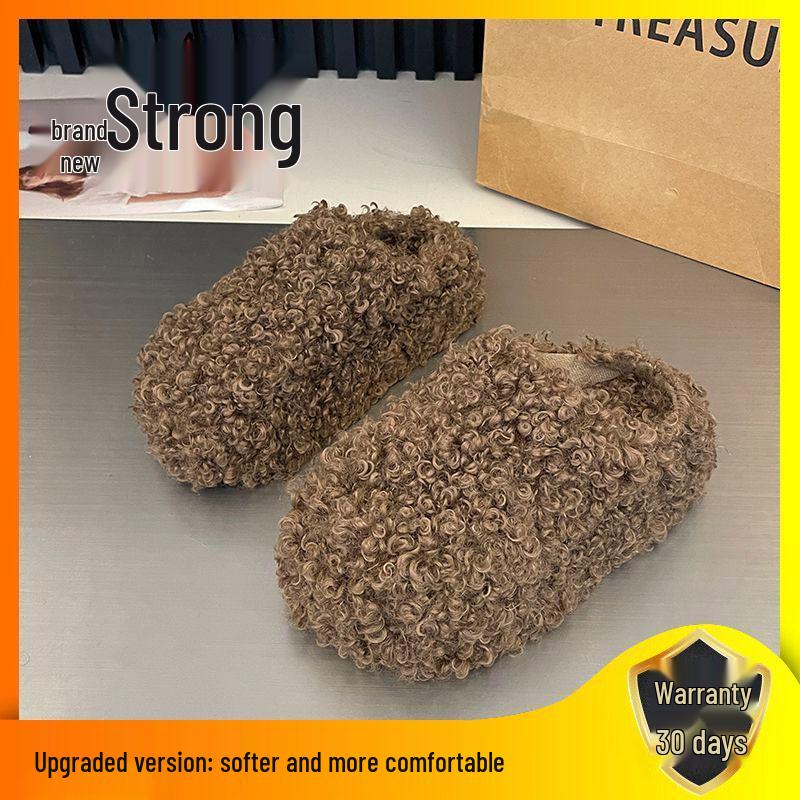 High-End Women's Furry Slippers - Height-Boosting, Thick-Sole, Closed-Toe, Cotton for Autumn/Winter In Apricot, Black, Dark Brown.