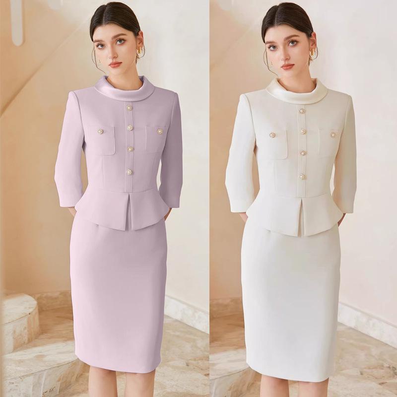 AD Temperamental Socialite Beige Dress: High-End Faux Two-Piece Round Neck Formal Skirt Set