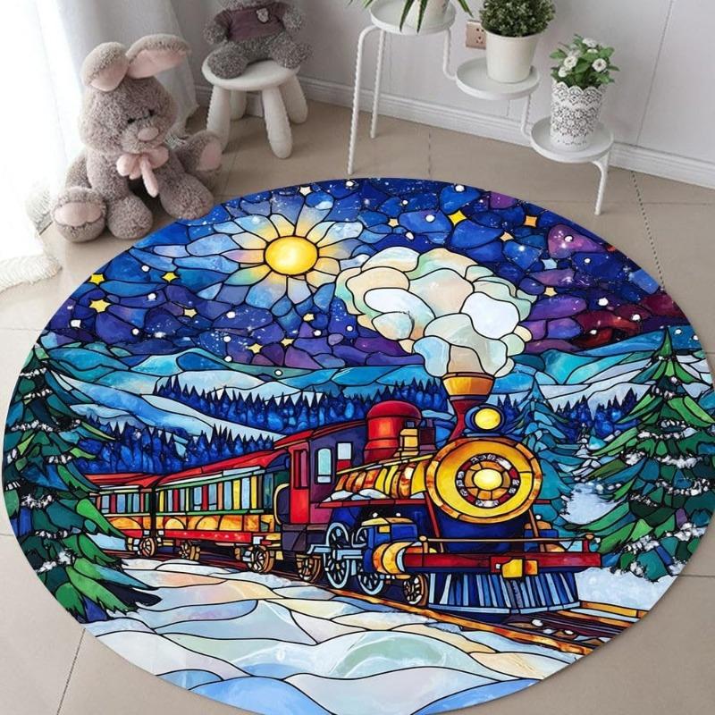 Colorful Mosaic Design Train Pattern Round Carpet Steam Train Fantasy Starry Sky Floor Decor Rug Absorbent and Non-slip Mat