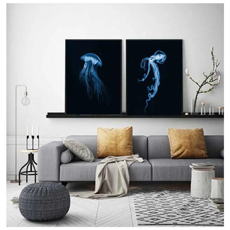 Retro Sea Animal Cyanea Jellyfish Squid Shark Minimalist Art Poster Canvas Painting Wall Prints Picture Living Room Home Decor