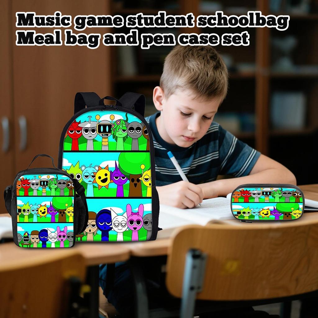 Box Printed Backpack Music Game Student Schoolbag Lunch Bag Pencil Case Set