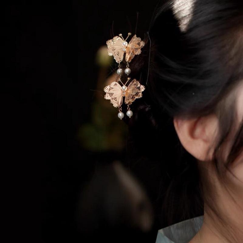 

18см Заколка для волос в китайском стиле Элегантный цветок Бабочка Кисточка Палочка для волос для женщин Винтажная Ханьфу Металлические украшения Аксессуары для волос 1шт