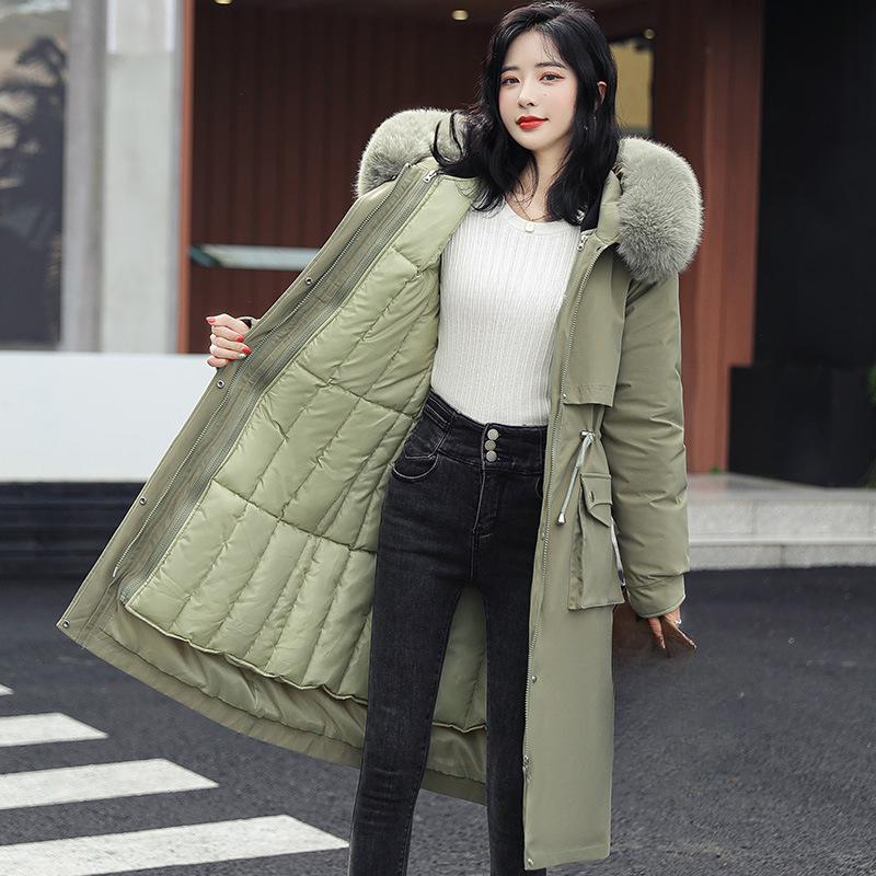 Elegant Plus Size Women's Parka - Mid-Length, Thick Fleece-Lined Winter Coat with Belt & Drawstring Details, Waterproof Polyester