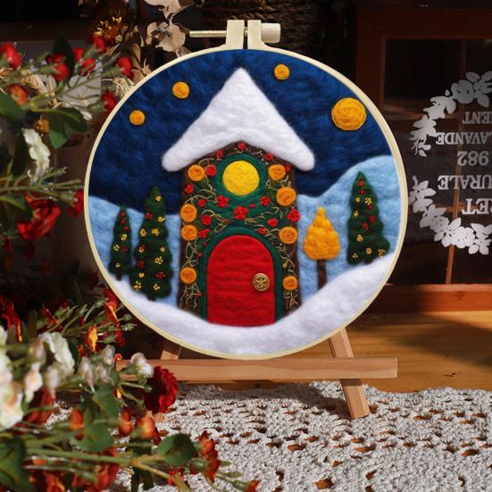 Christmas Needle Felting Kit Holiday Felt Painting Set for Beginners Starter Needle Felting DIY Craft Kit with Pad Needles Wool Decorative Frame