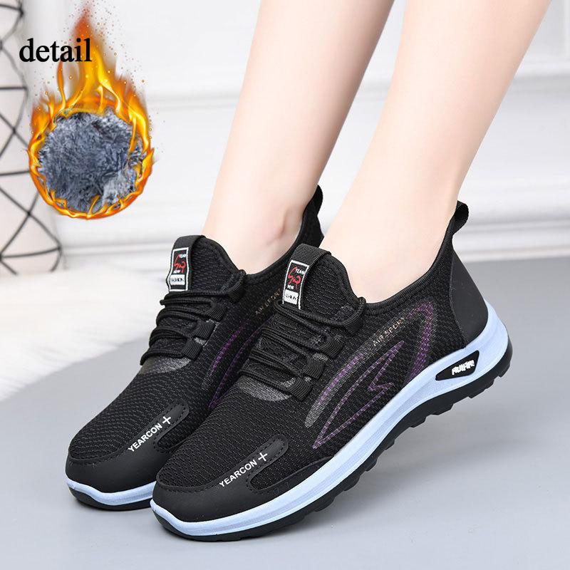 Moteriški žieminiai kailiu pamušti šilti lengvi sportbačiai lauke, neslystantys, kvėpuojantys sportiniai batai Suvarstomi storu vilnos pamušalu laisvalaikio sportbačiai moterims