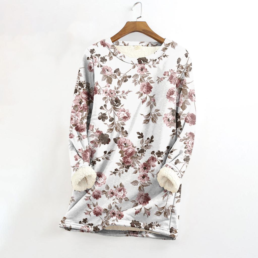 Dámský top s kulatým výstřihem s potiskem, zahuštěný plyšový kašmírový hřejivý dlouhý top