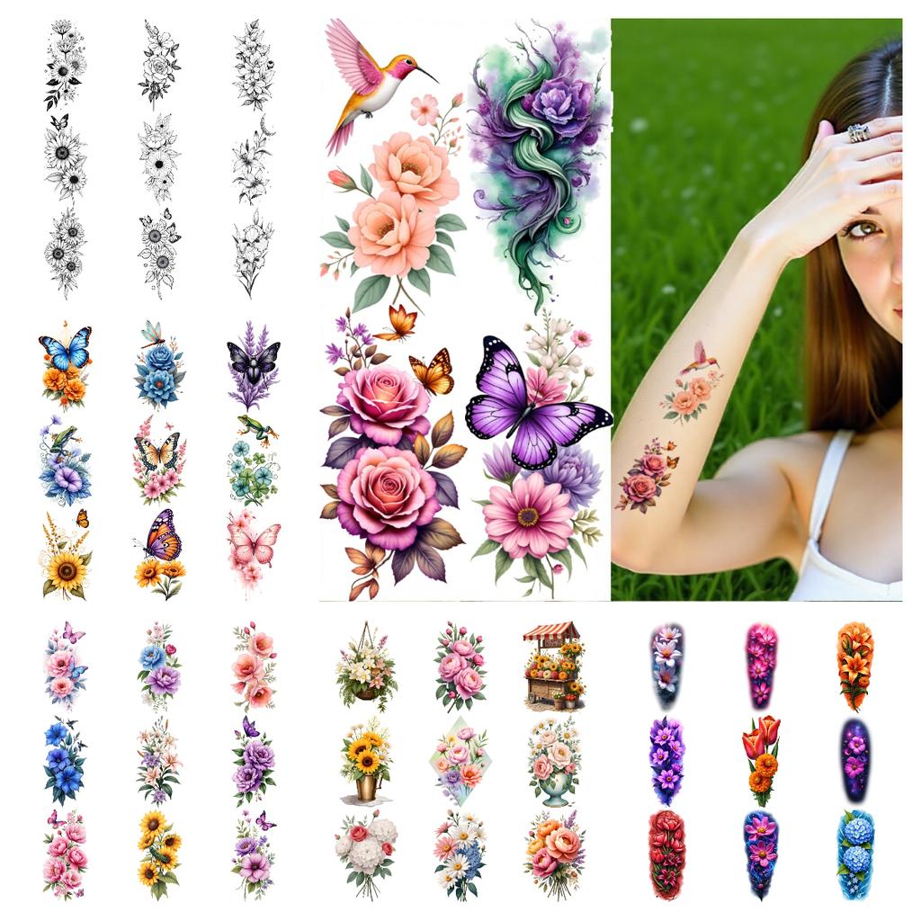 9 Stück Blumen Temporäre Tattoos für Männer Frauen Pflanze Narzisse Rose Pfingstrose Fake Tattoo Aufkleber Wasserdicht Körper Arm Tattoo Aufkleber