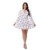 Damen V-Ausschnitt Dreiviertelarm Minikleid A-Linie Hohe Taille Süßer Blumendruck Lässiges Sommerkleid