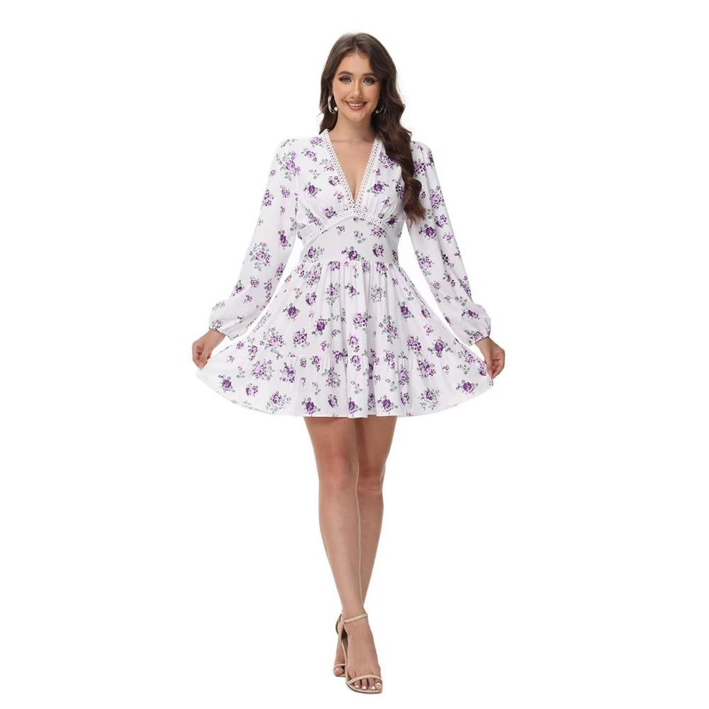Damen V-Ausschnitt Dreiviertelarm Minikleid A-Linie Hohe Taille Süßer Blumendruck Lässiges Sommerkleid