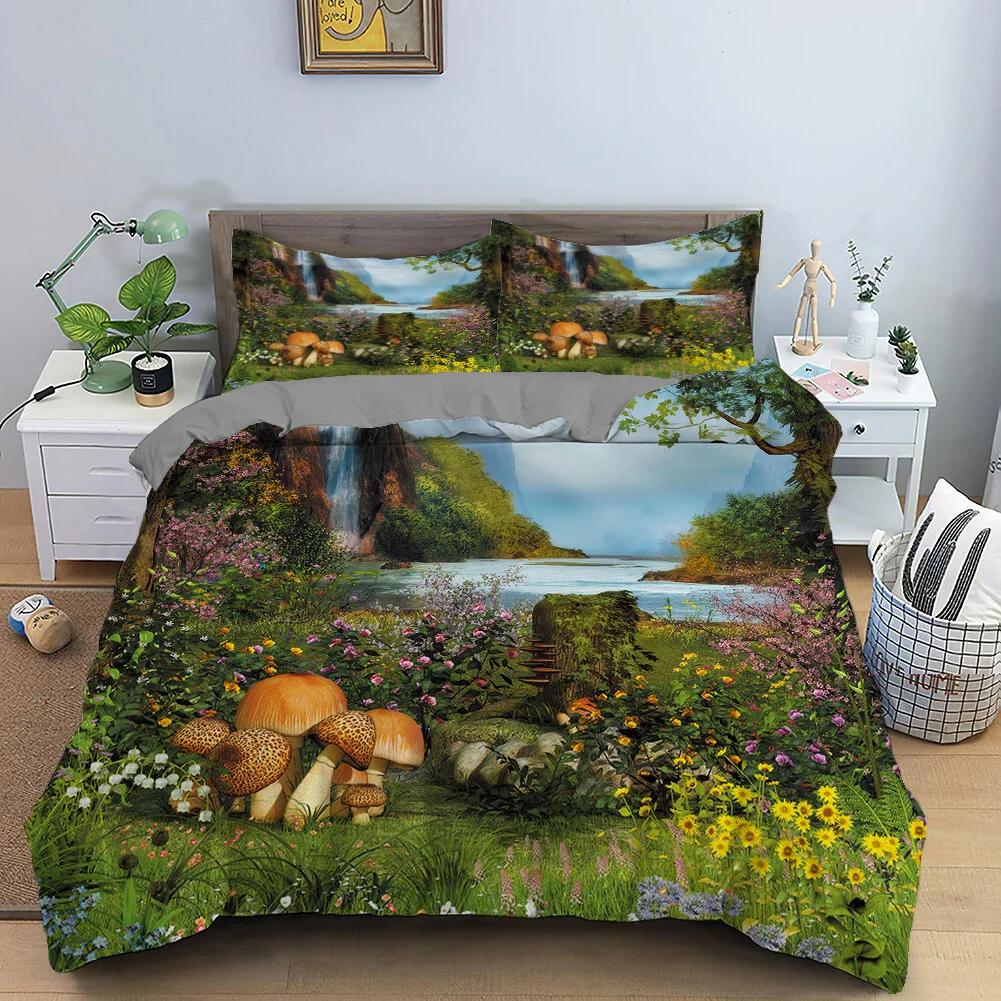 Green Forest Duvet Cover Fairy Cartoon Trees Elk For Adults Plant Animals Polyester For Children Girls Fairy Bedroom Decorations