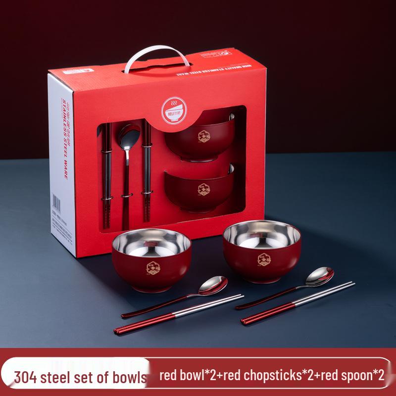 Red 304 Stainless Steel Bowl Set, Double-Layer, Anti-Scald, Heat Insulation - Available in Four or Six-Piece Sets.