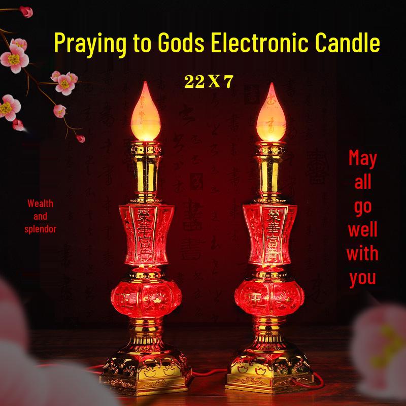 Electric Candlestick for Buddhist Offerings, Ever-Burning Candle Lamp for Wealth God, Household Offering Pair