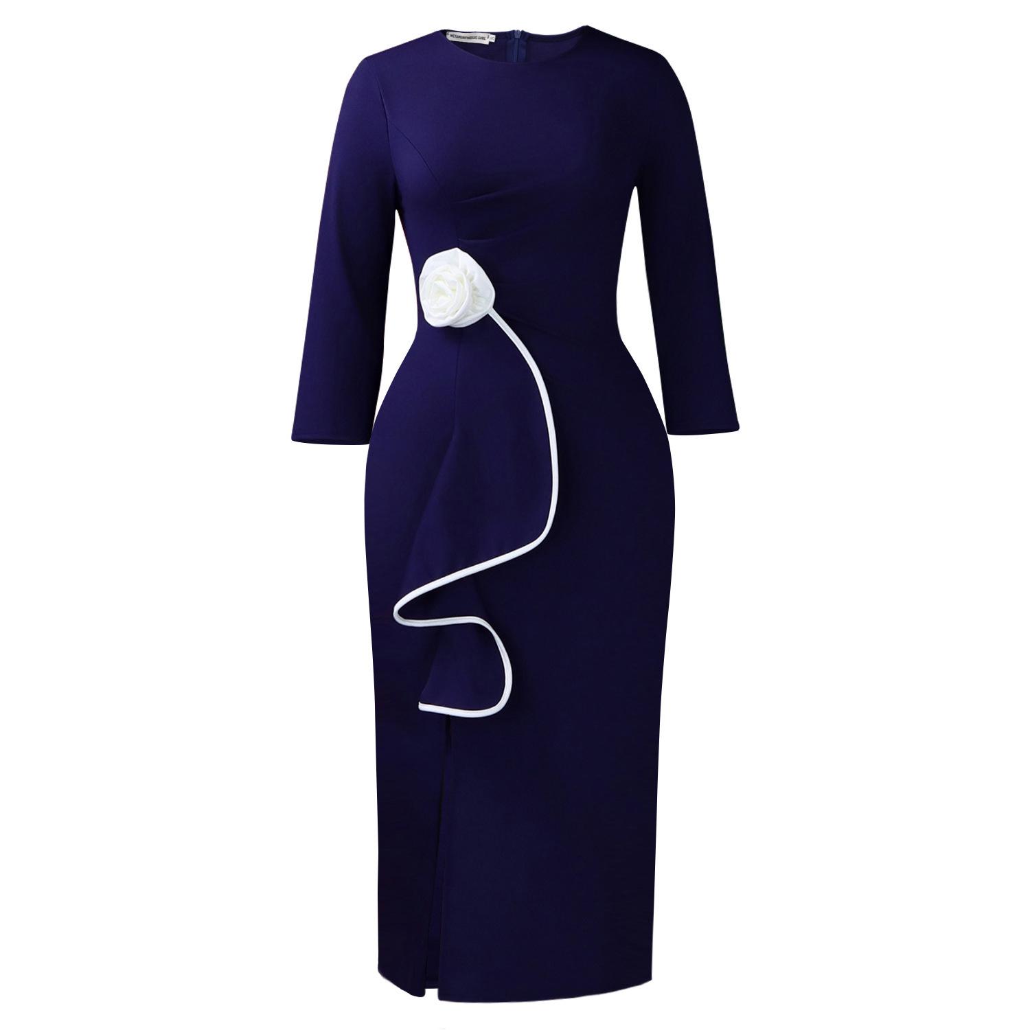 Plus Size Elegant Women s Dress with 3D Floral Ruffles 3XL темно-синий