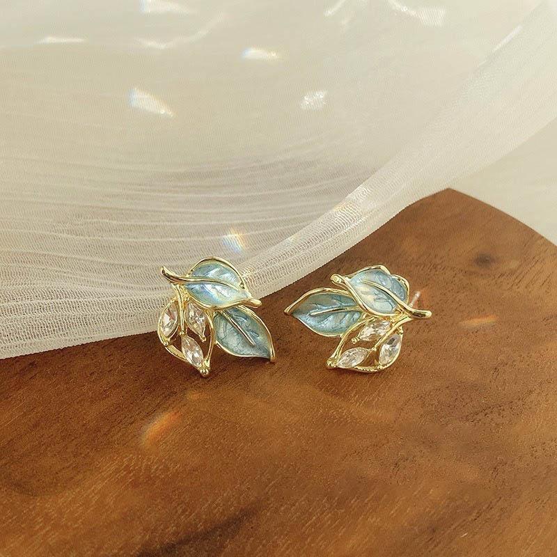 Simple Oil Dripping Rhinestones Leaf Stud Earrings For Women Fashion Personalized Daily Accessory Party Jewelry Birthday Gifts