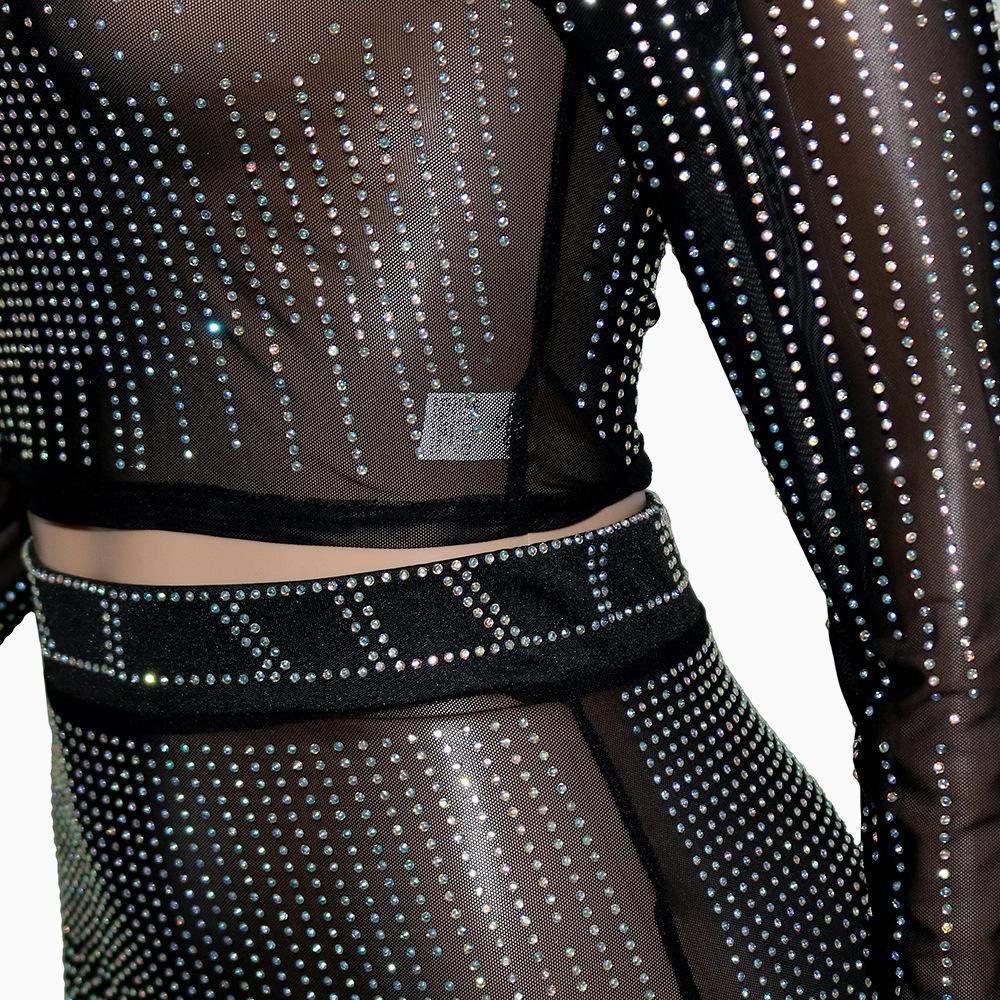 Women Fashion Sets Evening Dress Sexy Clubwear Black Long Sleeve Rhinestone T-Shirt and Skirt 2 Pcs Sets S-2XL