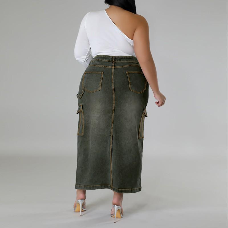 Plus Size Denim Skirt Women With Side Slit Adjustable Strap Midi Long Casual Korean Style