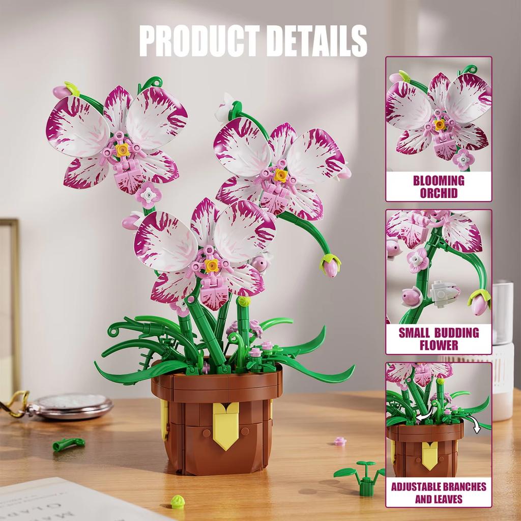 323Pcs Phalaenopsis Potted Plant Building Block Orchid Bricks Flower Model Puzzle Toys Sets New Year Christmas Birthday Gifts