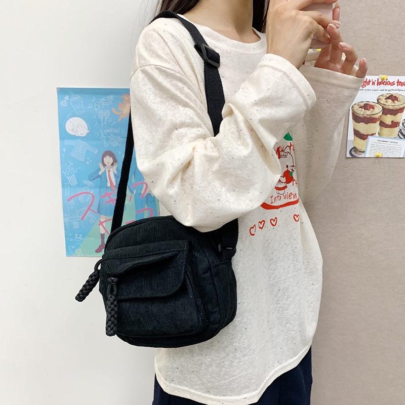 Vintage Corduroy Crossbody Bag for Students: Japanese Style, Versatile, Canvas, Small Phone Holder
