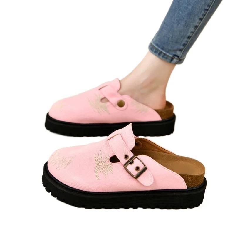 2025 Новые тапочки на толстой подошве в стиле дистресс с круглым носком ремешком с пряжкой слипоны ретро обувь для пар летняя однотонная лаконичная обувь для отдыха 37 4609₽