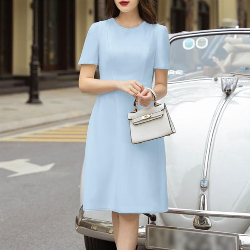 

ZANZEA Женское летнее повседневное платье с круглым вырезом и коротким рукавом, однотонное S светло-синий