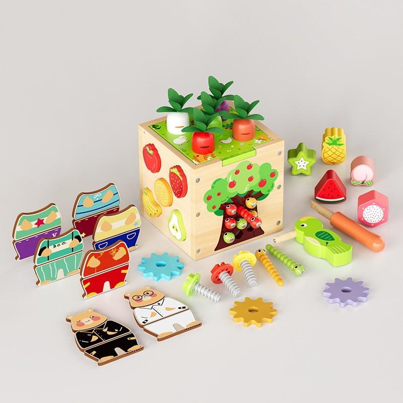 Wooden Puzzle Toy With Six Side Carrot Strawberry Early Learning Matching Shape