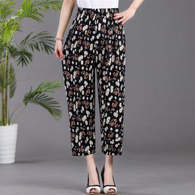 Women Casual Pants Elastic Waist Flower Print Loose Fit Trousers with Pockets Work