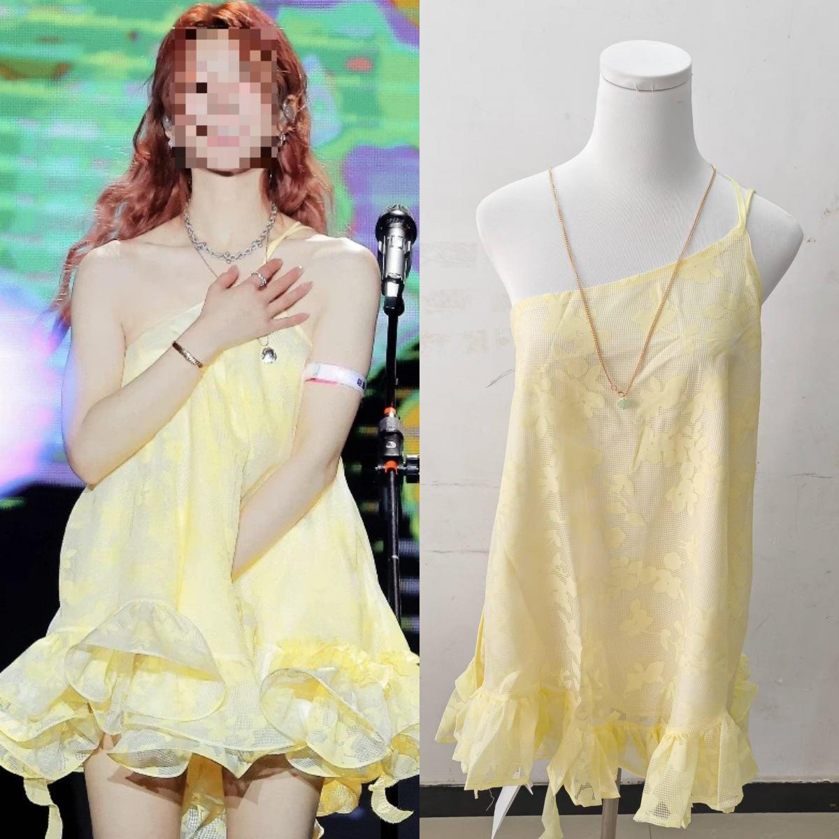 Summer 2025 Yellow Floral Ruffle One-Shoulder Mini Dress - Zhao Lusi Style XL