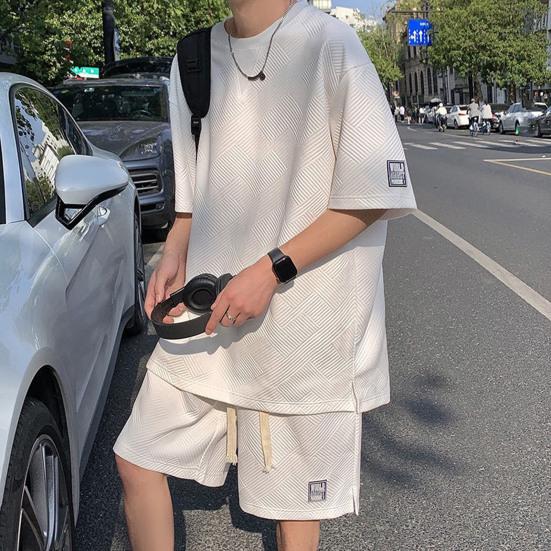 2Pcs/Set O-Neck Short Sleeve Waffle Texture Casual Outfit Pockets Drawstring Elastic Waistband Solid Color T-shirt Loose Shorts Sport Suit Streetwear