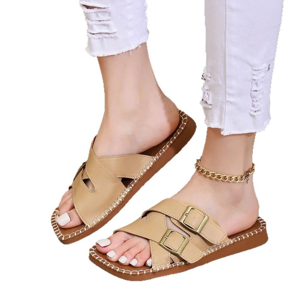 Summer New Platform Women's Slippers Foreign Trade Large Size European and American Fashion Beach Slippers Belt Buckle Cross Belt Slippers