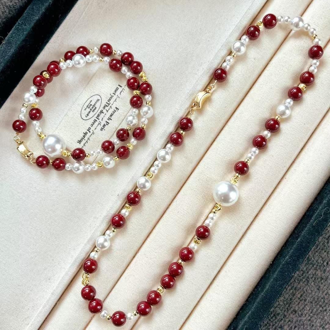 

Vintage High Quality Faux Crystal Pearl Necklace Clavicle Chain Ankola Red