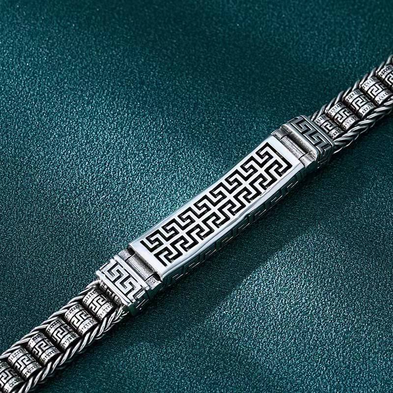 S925 Silver Braided Bracelet Men 'S Tide Thai Silver Retro Everything Personality Back Word Pattern Warp Bracelet Men 'S Style