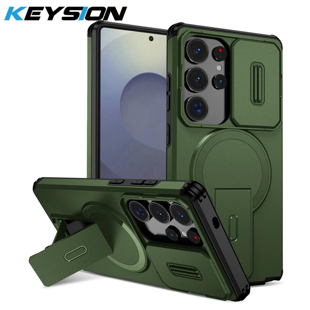 KEYSION Shockproof Magnetic Case for Samsung Galaxy S24 S25 Ultra S25+ S24 FE Slide Camera Protect Kickstand Wireless Charging Phone Cover