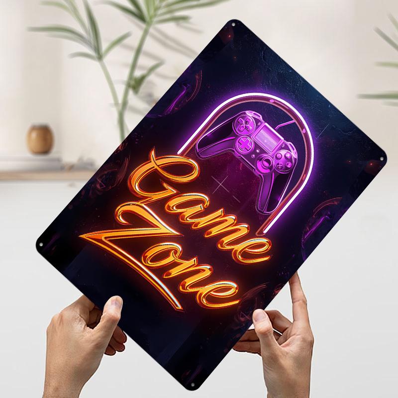 Game Zone Neon Sign Tin Plaque Poster Customized Wall Art Retro Vintage Metal Signs for Man Cave Gamer Decoration Room Wand Deko 7.9x11.8In(20x30cm)