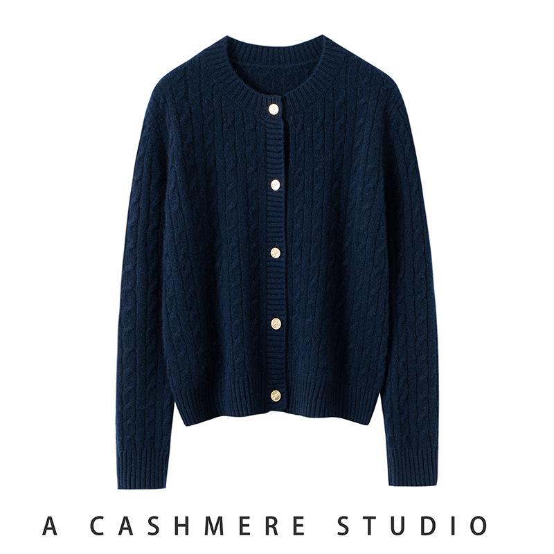 Women's 100% Pure Cashmere Cable Knit Rabbit Button Cardigan, Autumn/Winter 2025 Collection, Round Neck, Loose Fit Sweater Coat.