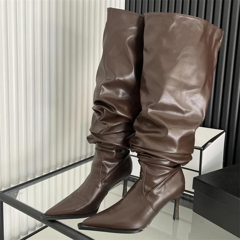 Eilyken Design Style Pleated Thin Heels Women Knee-High Long Boots Autumn Winter Pointed Toe Stripper Prom Ladies Shoes