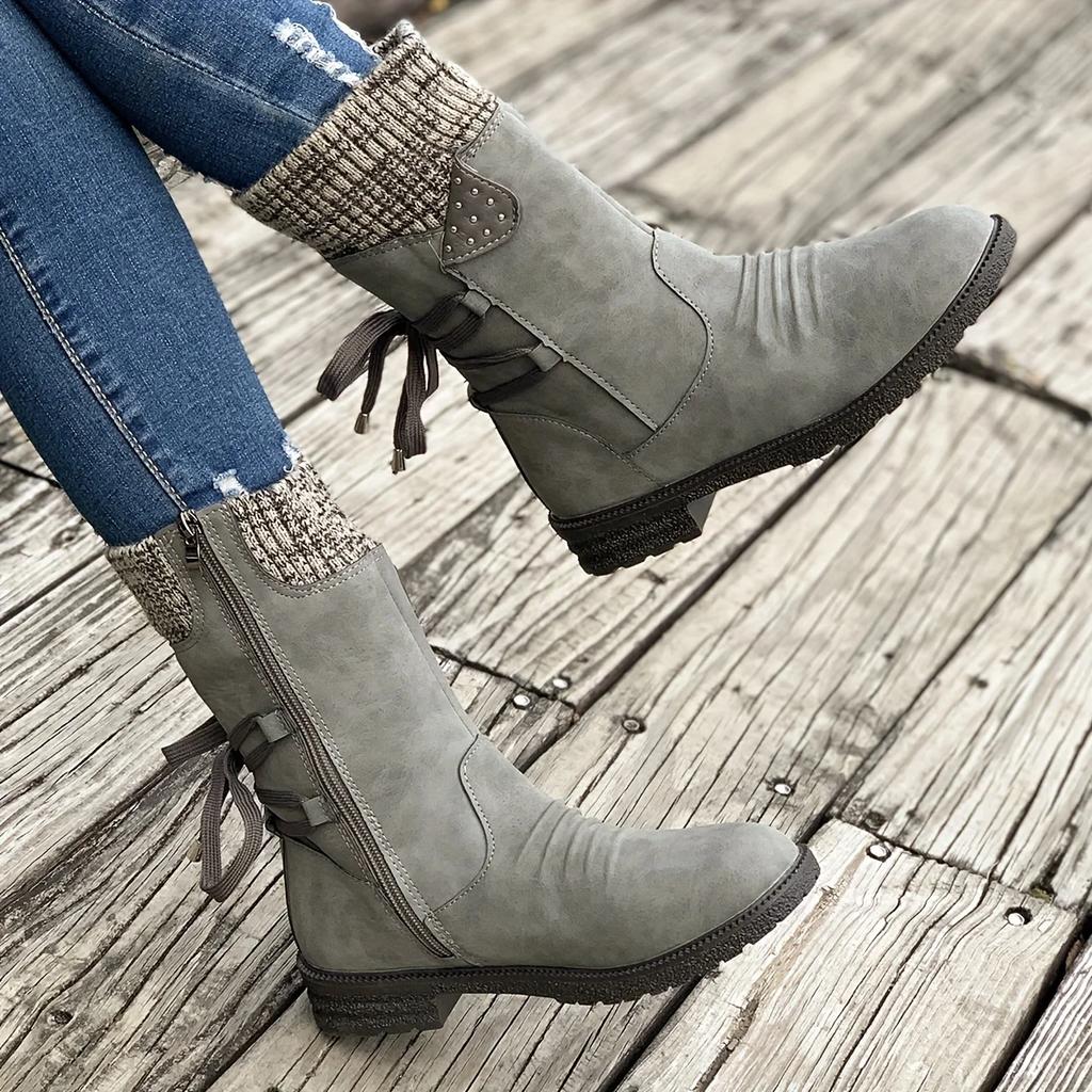 Stylish Women's Knitted and Faux Leather Boots with Tie Back and Side Zip - Comfortable and Fashionable Footwear