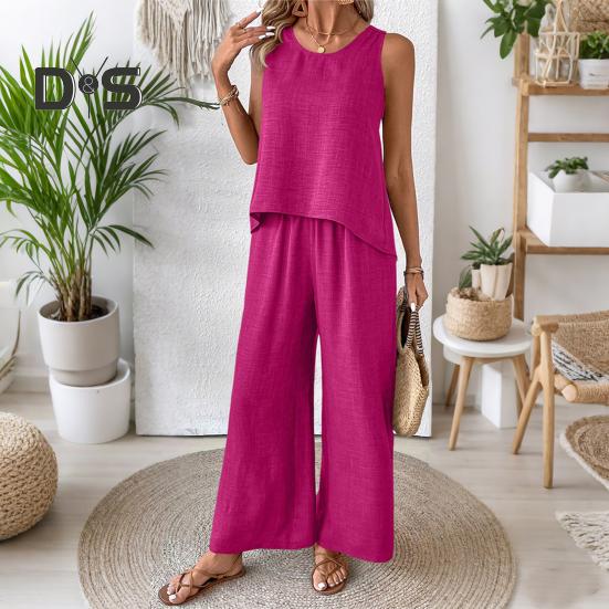 Zweiteiliges Lounge-Set für Damen, ärmellos, mit hohlem Rücken, Oberteil und weitem Bein, Hosen-Set, lässige Urlaubs- und Reise-Outfits
