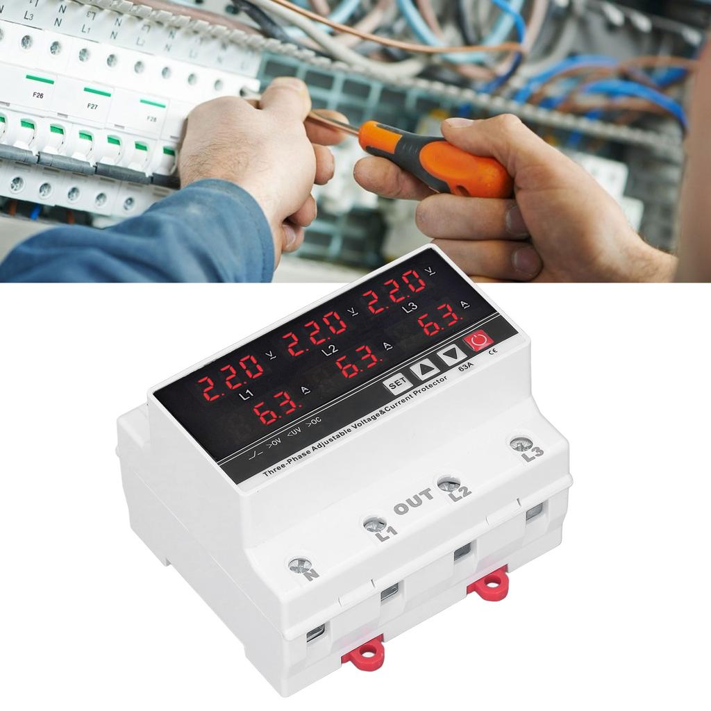 Undervoltage Protector DIN Rail Adjustable Overcurrent Protector AC120V‑300V 63A 3 Phase 3 Wire 4 Wi