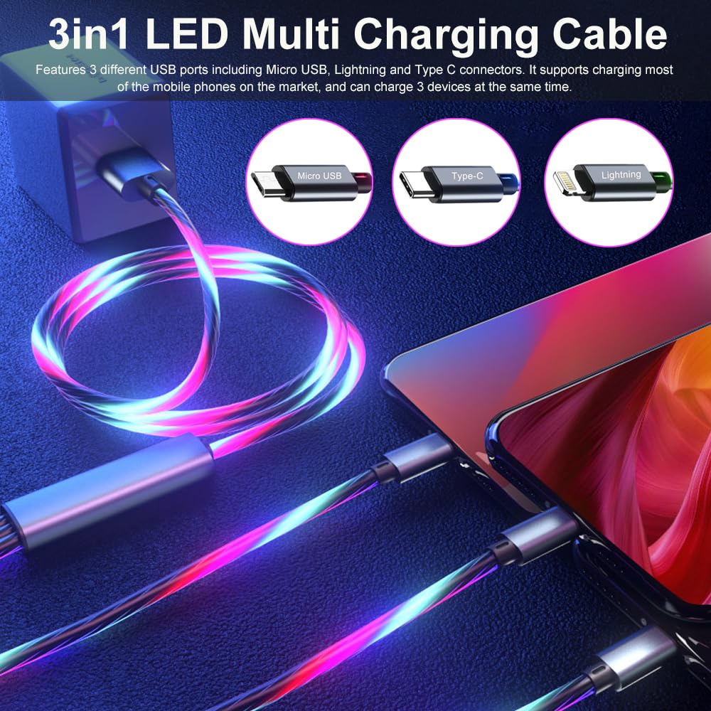 Cabo de carregamento múltiplo 3 em 1 com luz LED colorida USB para Tipo C/Micro USB/Lightning, cabo de carregamento rápido USB para iPhone e Samsung