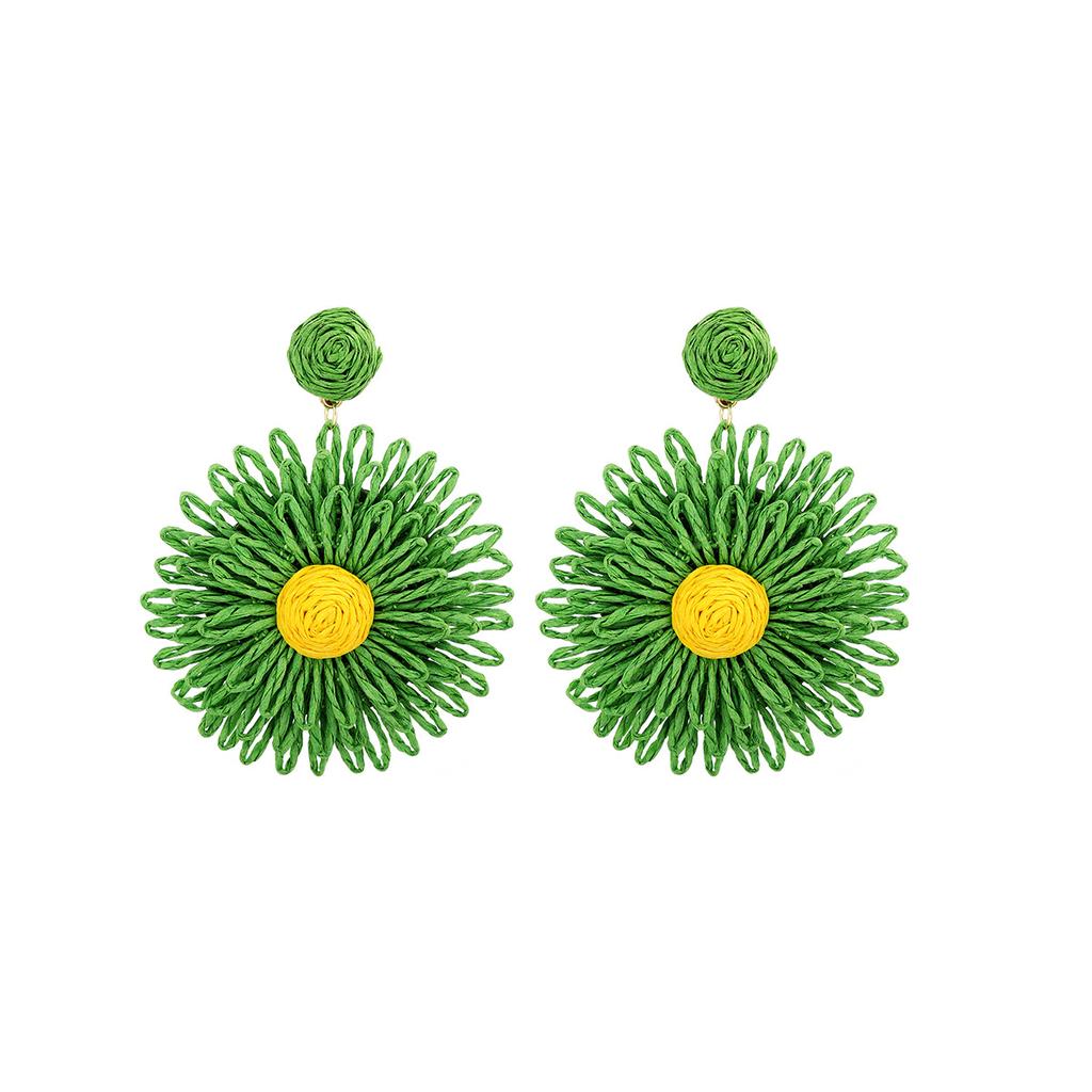 European and American Cross-border Holiday Style Colored Flower Earrings, Summer High-end Simple Hand-woven Raffia Earrings