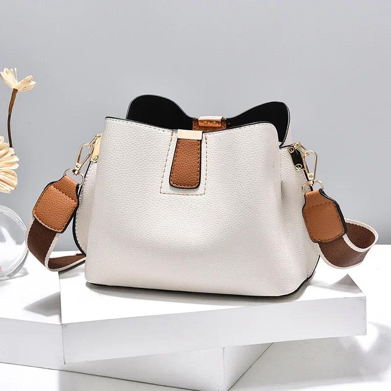 Summer ladies simple casual bucket bag new fashion single shoulder wide strap crossbody large capacity