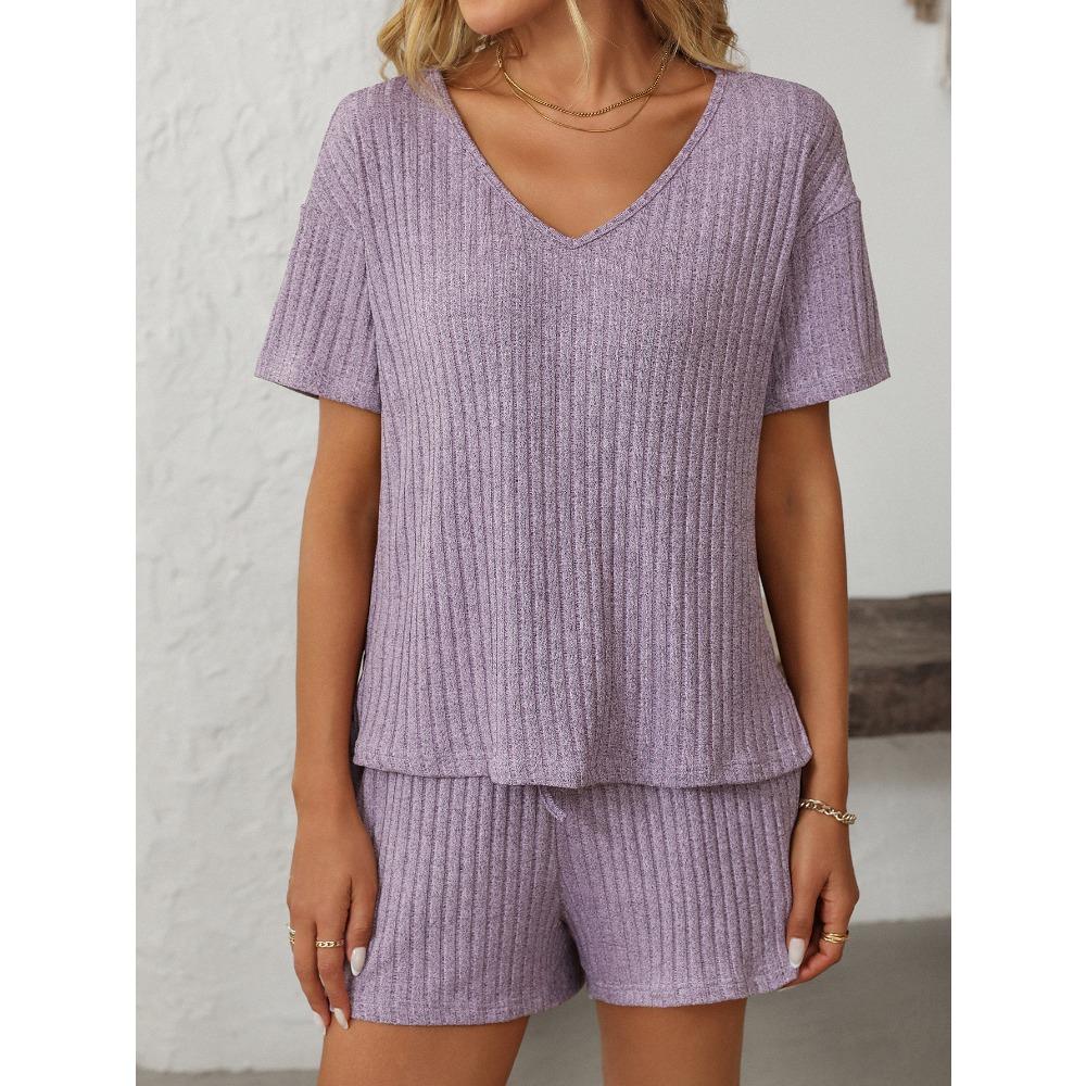 2025 Summer New Solid Color Pit Strip Pajamas Short Sleeve Home Wear Set
