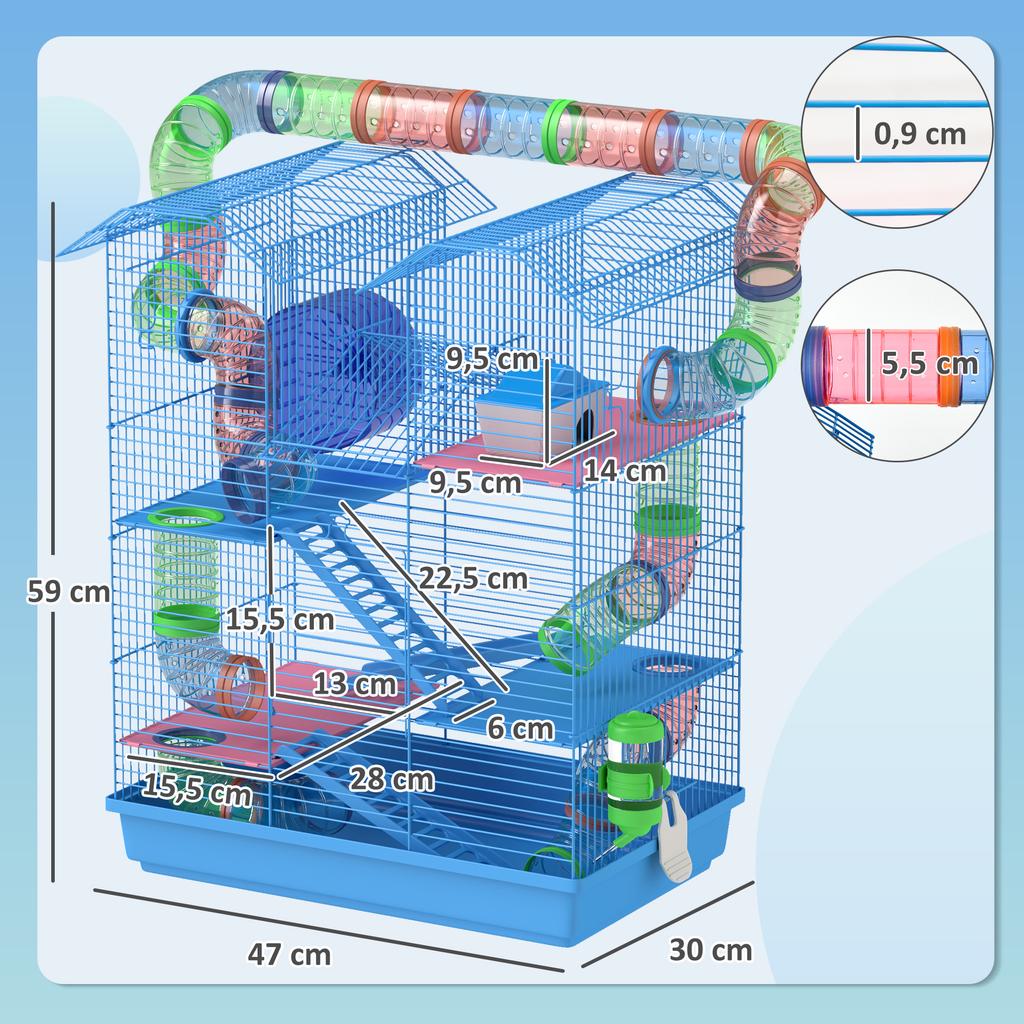 Hamster Cage, 5 Tier Carrier Habitat with Exercise Wheels Tunnel Tube Water Bottle Dishes House Ladder, Gerbil Cage for Dwarf Mice, Blue