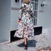 Autumn Winter Women Casual Dress Long Sleeve V Neck Print A Line Knee Length High Waist
