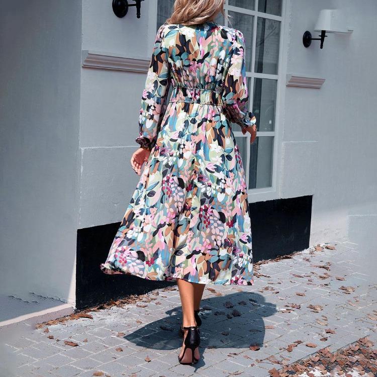 Autumn Winter Women Casual Dress Long Sleeve V Neck Print A Line Knee Length High Waist